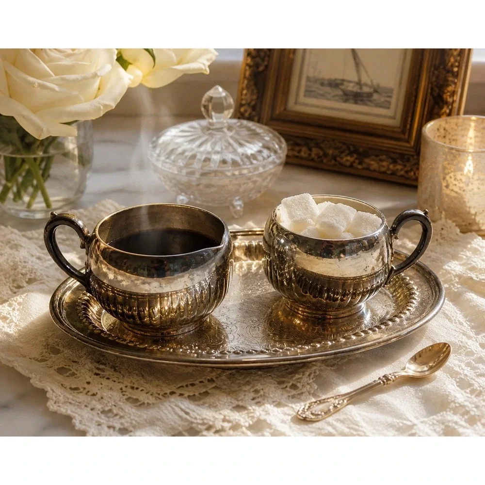Vtg Oneida‎ Creamer Sugar Tray Set Silver Regency Tea Service MCM Tarnished